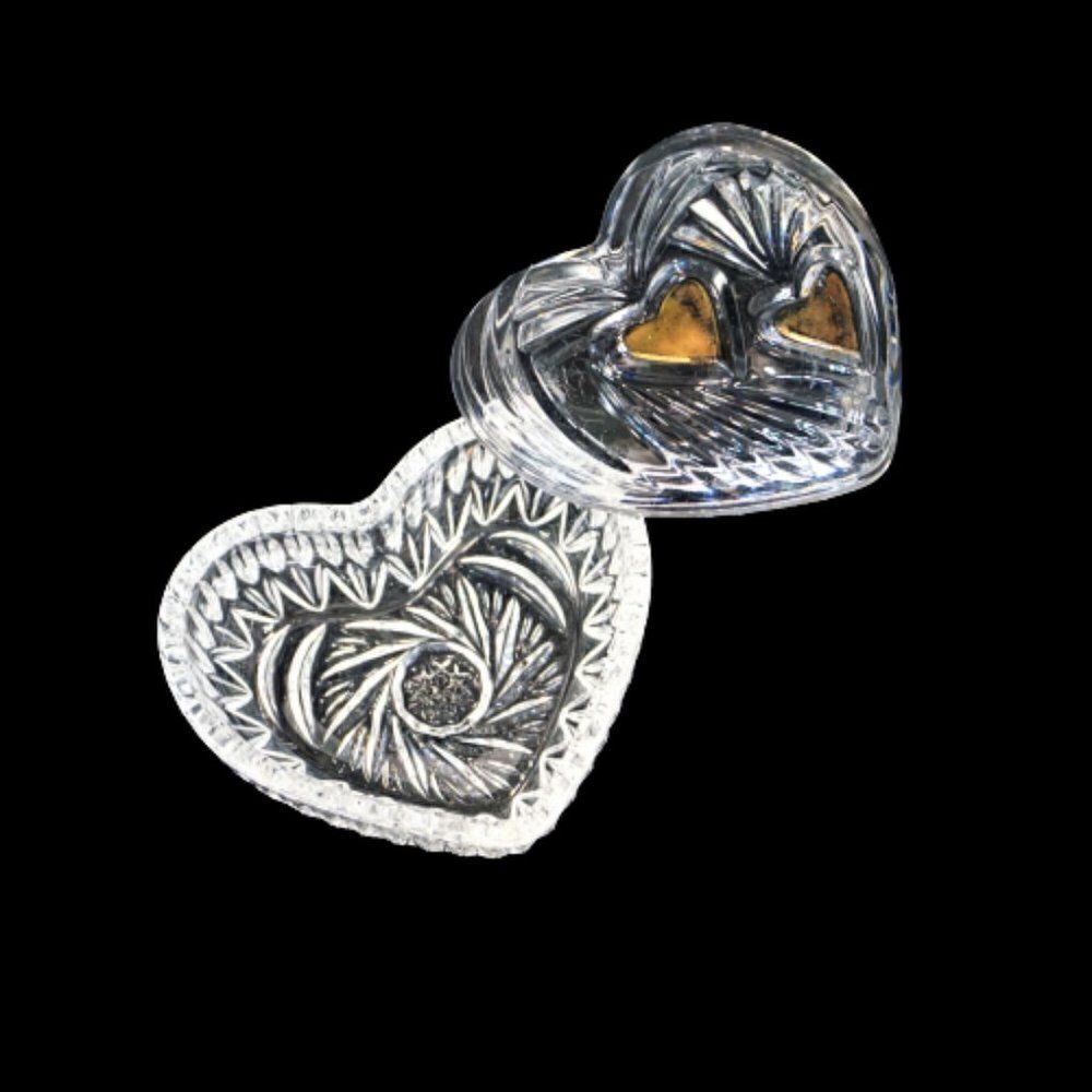 Vintage Trinket Dish Heart Shaped Starburst Crystal Cut Glass Jewelry Box